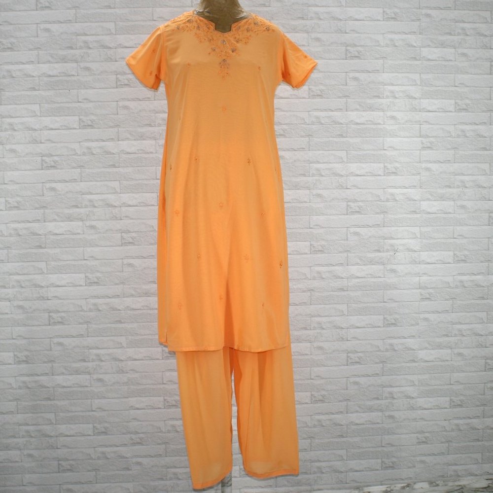 HANDMADE Kurta Set Peach Tunic Pants Orange Silver Embroidered Sequin Metallic